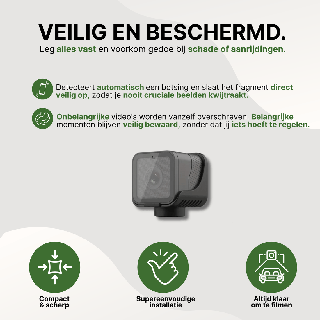 Compact black motorcycle camera with promotional text about safe recording and smart journey capture.