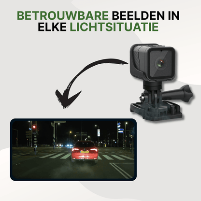 Compact black motorcycle camera on mounting base with text about reliable recording in all lighting conditions.
