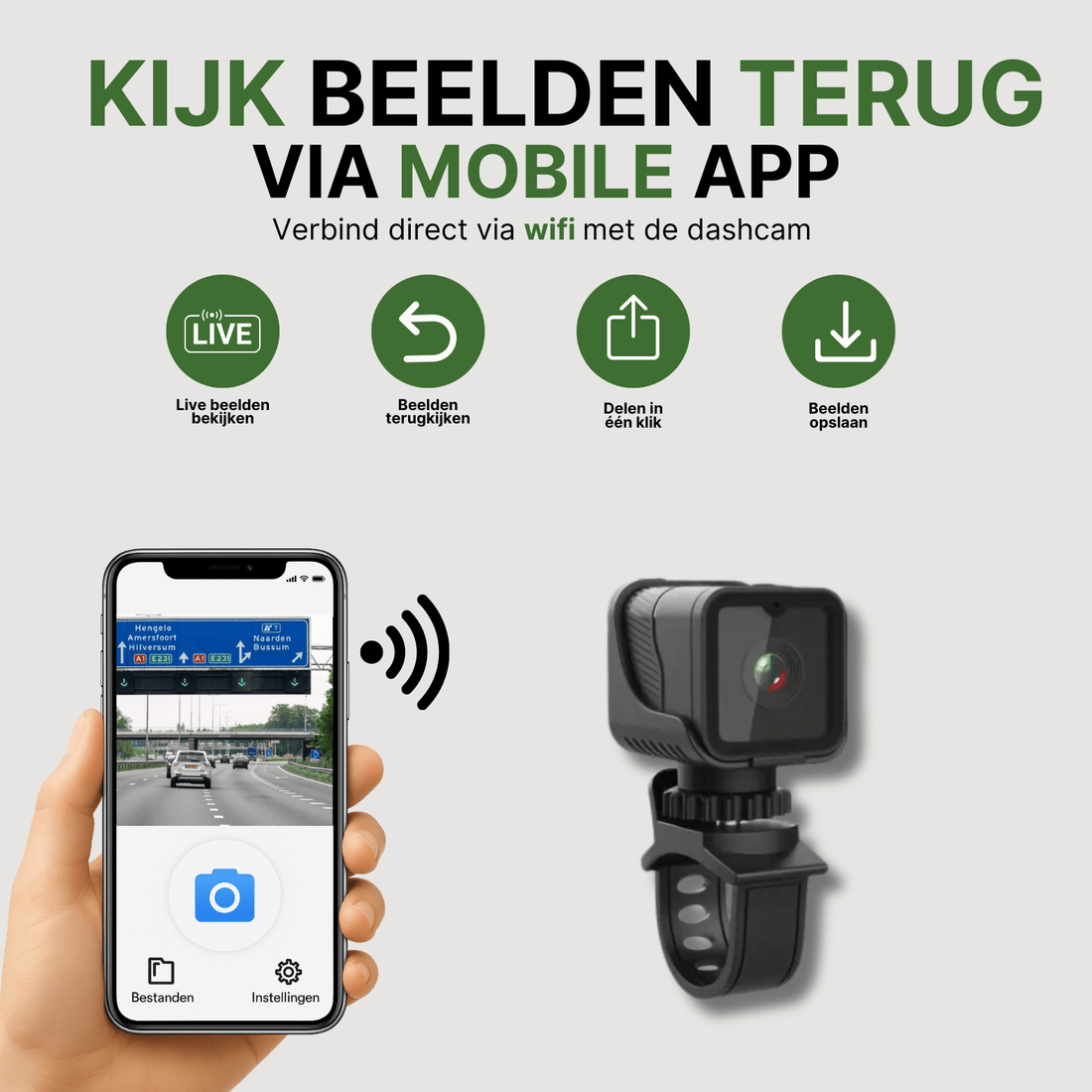 Motorcycle camera connected to smartphone app via WiFi with live view and recording controls displayed.