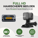 Compact black motorcycle camera on mounting base shown with full HD recording promotional text.
