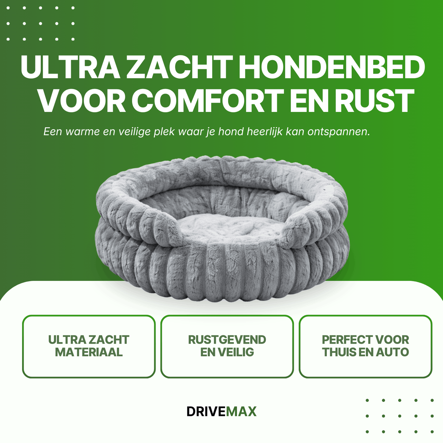 Round grey plush dog bed on green promotional background with text about ultra soft dog bed.