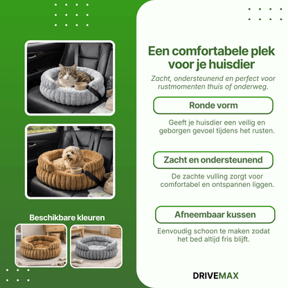 Round plush dog bed placed on a car seat with a cat in a grey bed and a dog in a brown bed, with color options shown.
