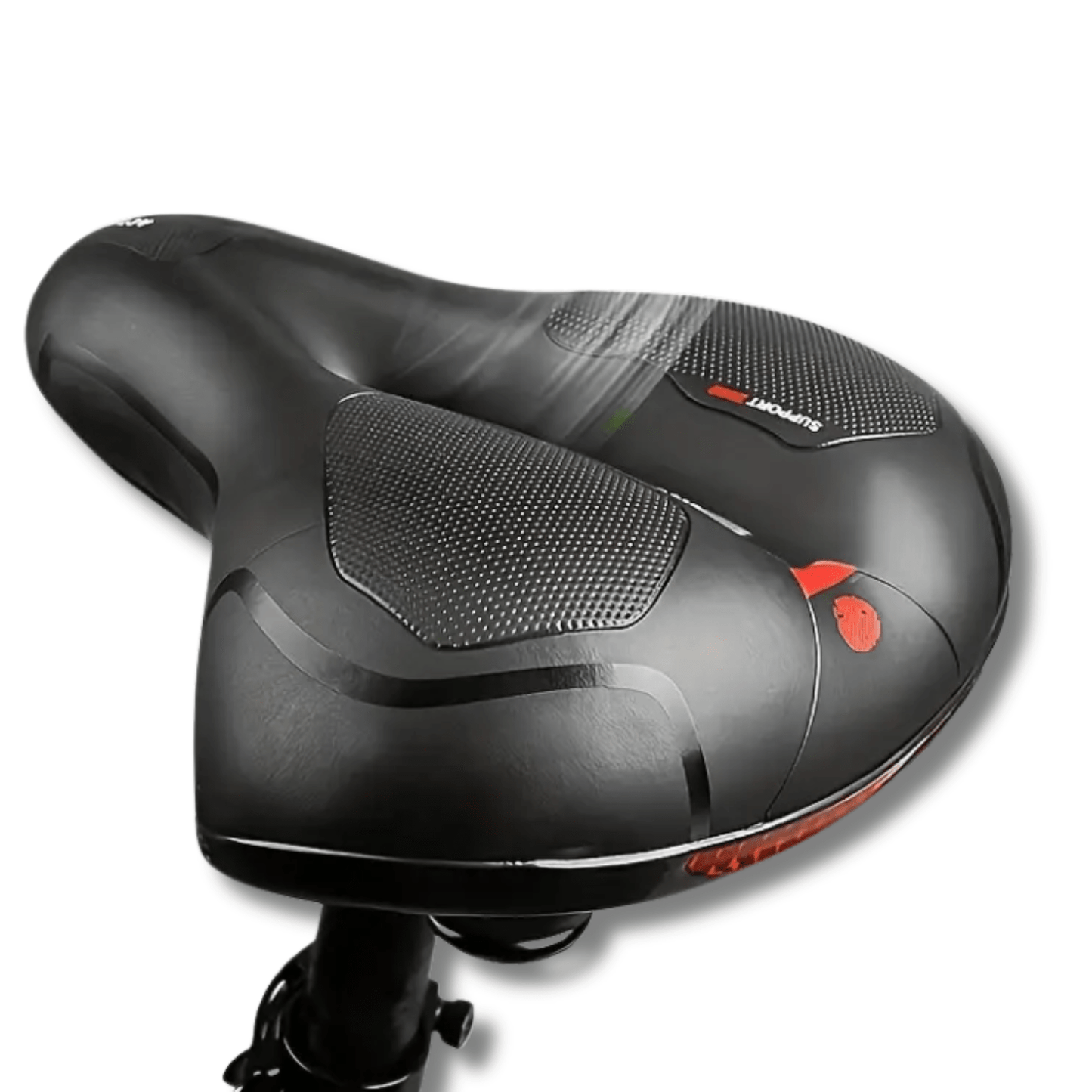 Zwart ergonomisch fietszadel met antislip zones en ingebouwd rood achterlicht, ideaal voor lange ritten.
