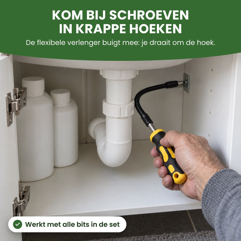 A hand tightens a screw inside the cabinet under a sink with the flexible extension: reach screws in tight corners