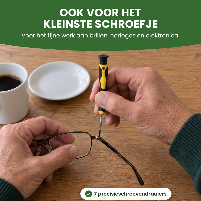 Hands tighten the tiny hinge screw on a pair of glasses with one of the 7 precision screwdrivers in the set