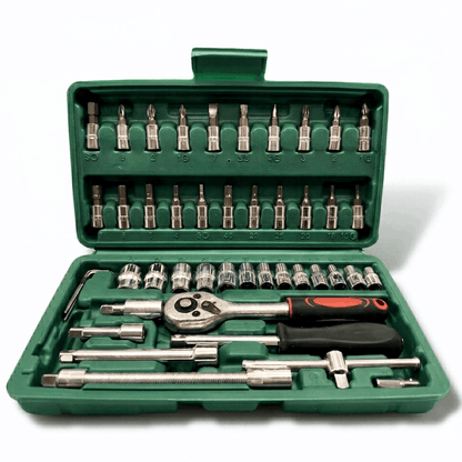 Screwdriver set in a green storage case with ratchet, sockets, and various bits neatly organized.