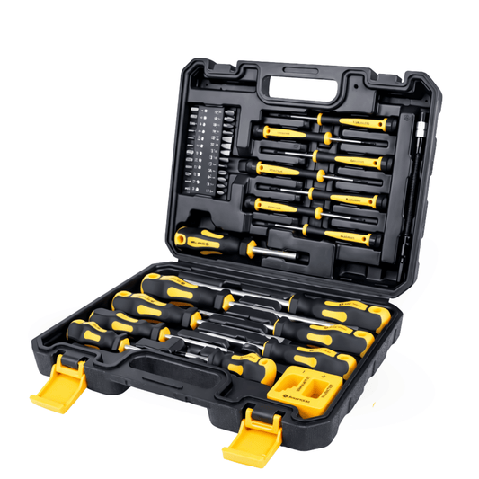 alt-text: Open black case with screwdriver set and precision bits with yellow handles.