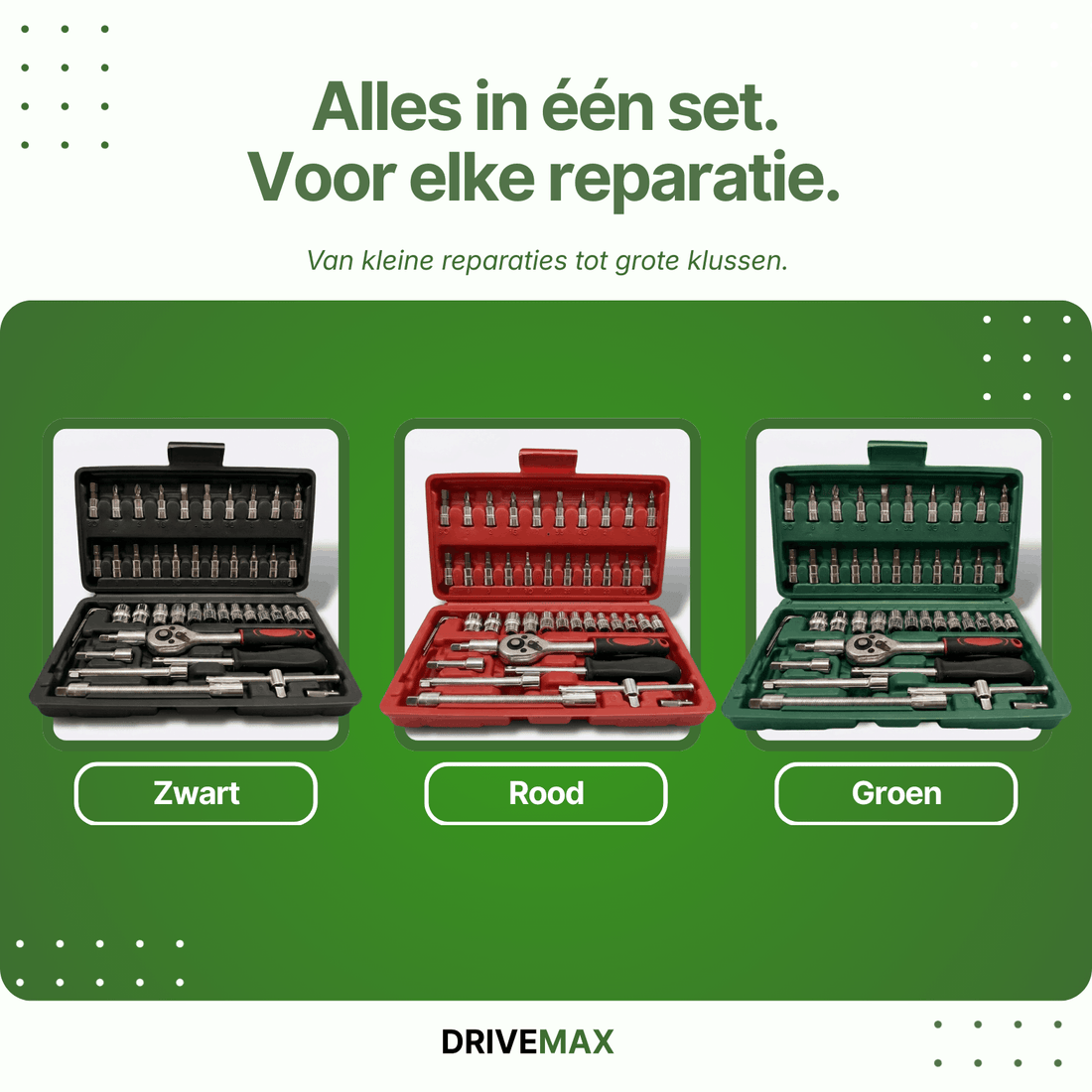 Screwdriver set available in black, red, and green, with a ratchet, sockets, and bits in a compact case.