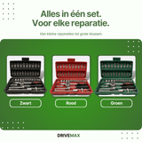 Screwdriver set available in black, red, and green, with a ratchet, sockets, and bits in a compact case.