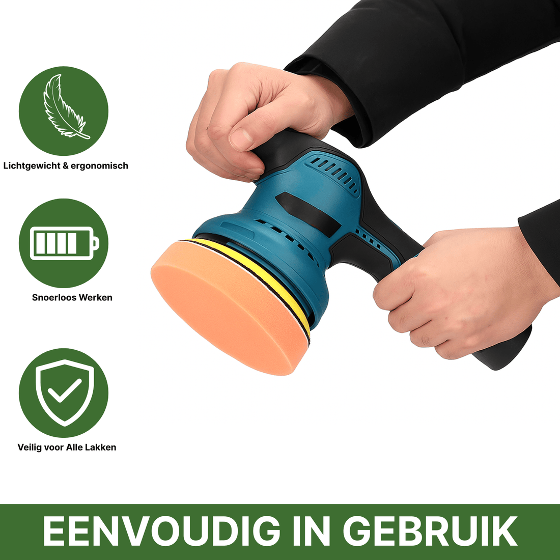 Wireless ShinePro polisher with lightweight housing and orange pad, suitable for any car paint.