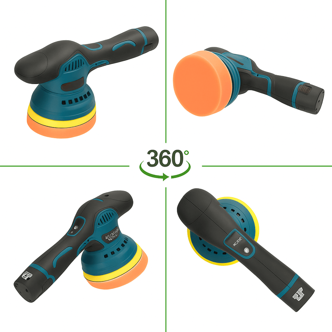 ShinePro polishing machine shown from four angles with orange and yellow pads for a complete product overview.