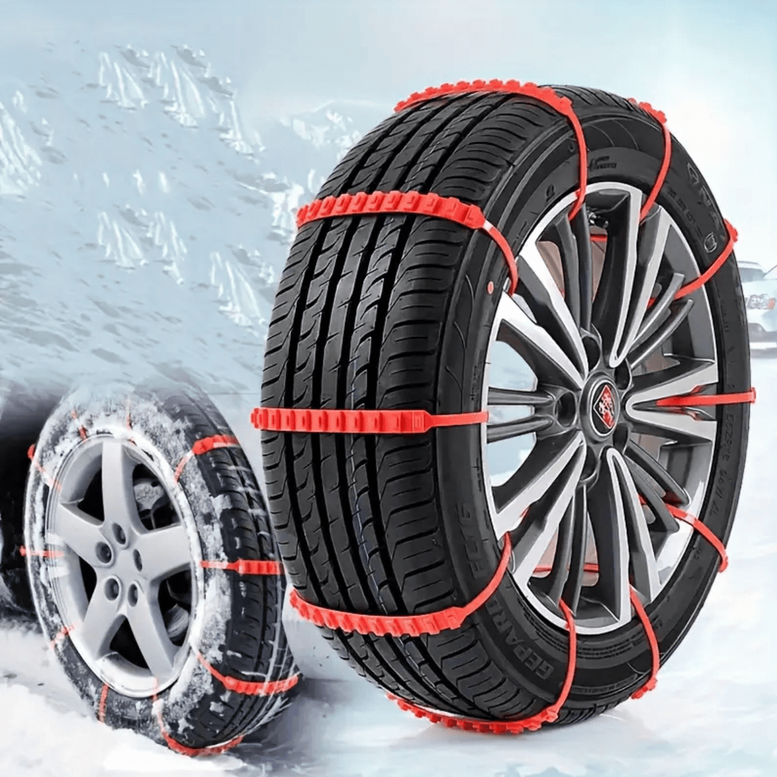 SnowGrip snow chains for car tires in orange color, ideal for safe grip on snowy and icy roads.