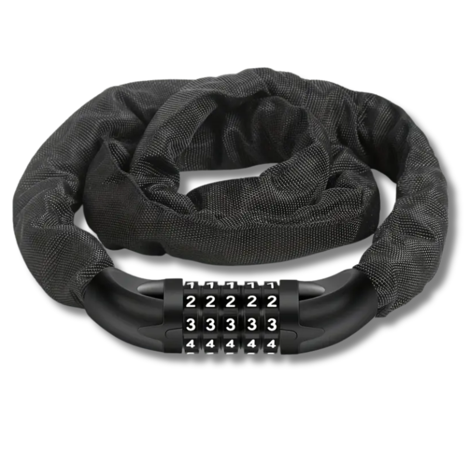 Zwart kettingslot met textielhoes en 5-cijferig combinatieslot in een opgerolde positie.