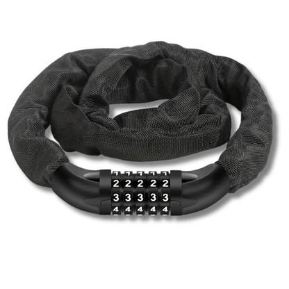 Zwart kettingslot met textielhoes en 5-cijferig combinatieslot in een opgerolde positie.