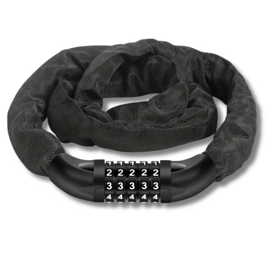 Zwart kettingslot met textielhoes en 5-cijferig combinatieslot in een opgerolde positie.