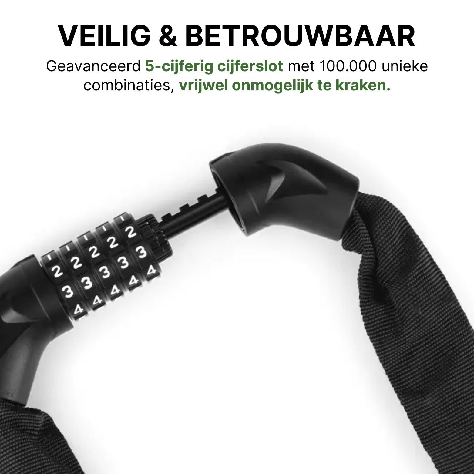 Close-up van het geopende kettingslot met zichtbaar 5-cijferig combinatieslot en zwarte textielhoes.
