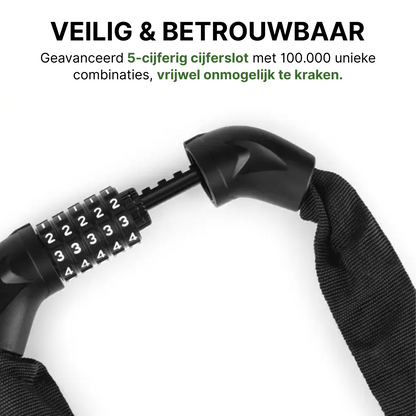 Close-up van het geopende kettingslot met zichtbaar 5-cijferig combinatieslot en zwarte textielhoes.