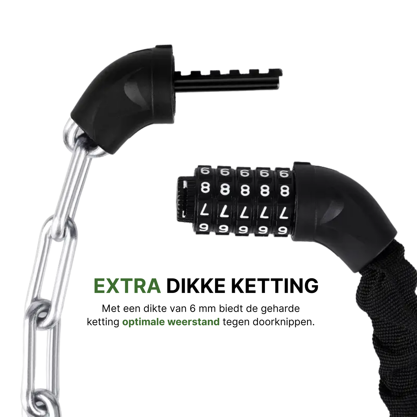 Detailweergave van open kettingslot met 6 mm dikke geharde ketting en zwart 5-cijferig combinatieslot.