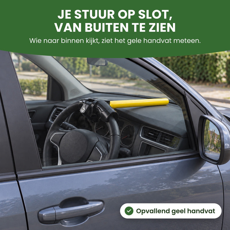 Steering wheel lock seen from outside through the driver's window of a parked car: your wheel, locked in plain sight