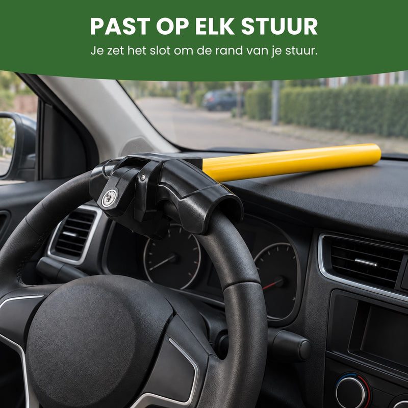 Yellow and black steering wheel lock over the rim of an ordinary steering wheel, bar on the dashboard: it goes right over the rim of your wheel