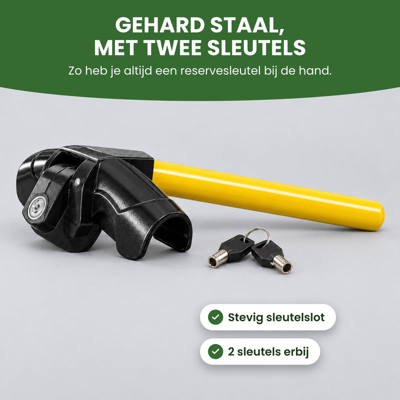 Yellow and black steering wheel lock with its two keys on a ring next to it: hardened steel, with two keys