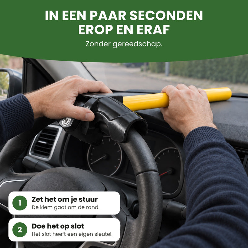Two hands putting the steering wheel lock over the rim, the yellow bar on the dashboard: on and off in seconds