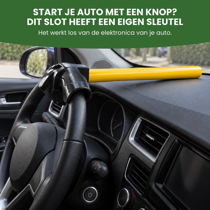 Steering wheel lock in a car with push-button start, seen from the passenger seat: this lock has its own key
