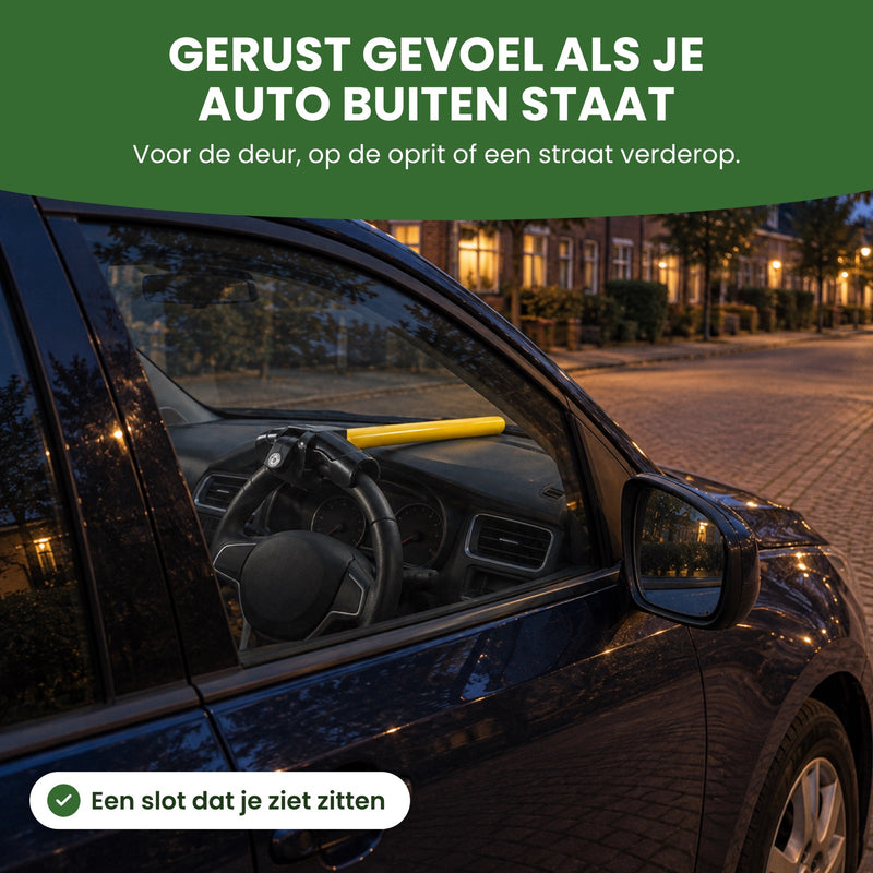 Car parked on a suburban street in the evening, the yellow steering wheel lock visible through the side window: peace of mind