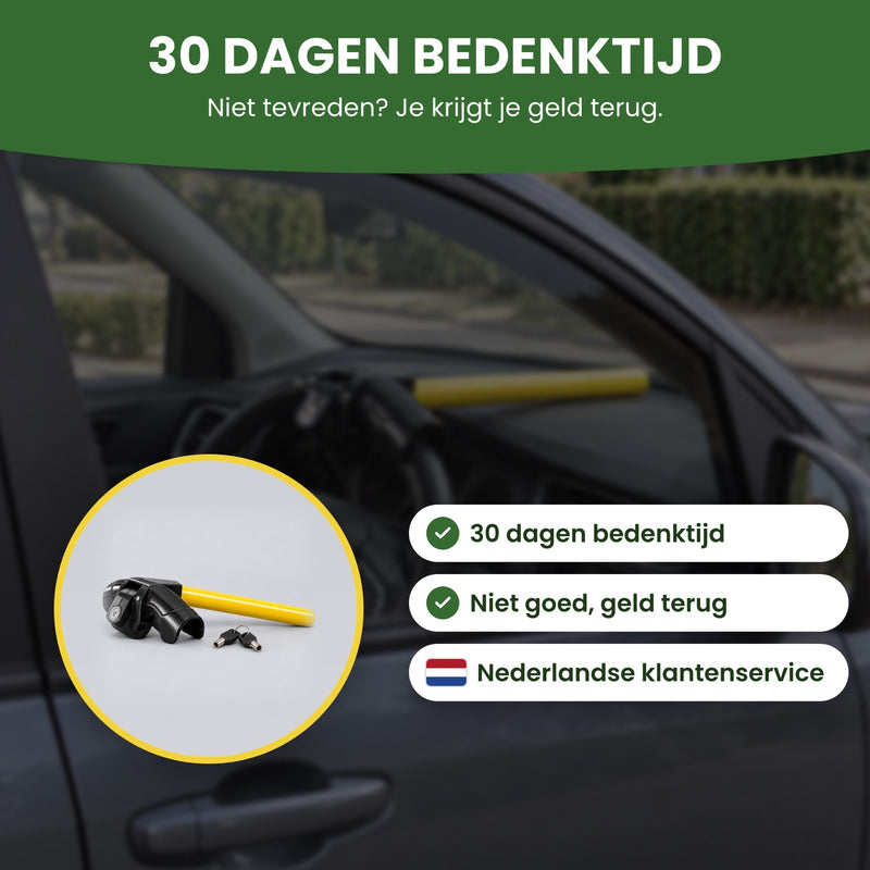 Steering wheel lock with two keys and the labels Not happy? Money back and English-speaking support with a US flag: 30-day returns