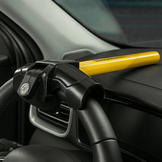 Geel-zwart stuurslot bevestigd op stuurwiel in auto-interieur ter bescherming tegen diefstal.