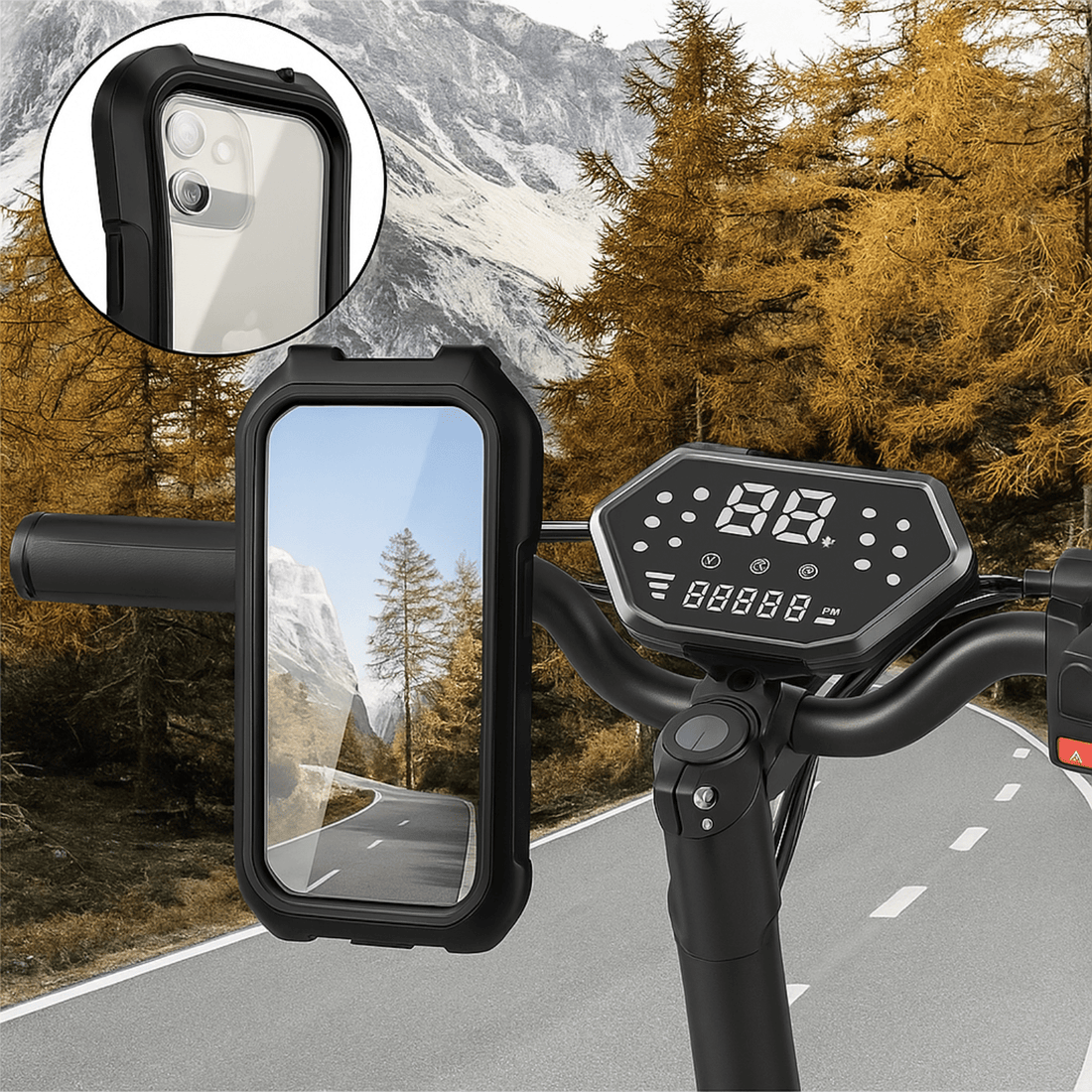 Waterproof phone holder mounted on e-bike handlebar with mountain landscape reflected on screen.