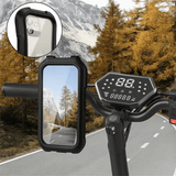 Waterproof phone holder mounted on e-bike handlebar with mountain landscape reflected on screen.