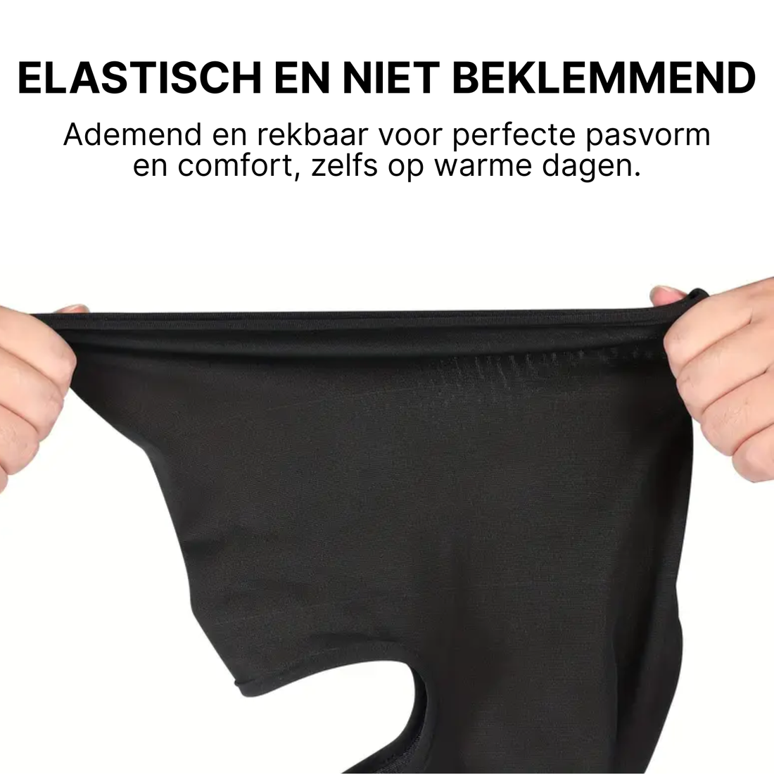 Black ThermoShield™ balaclava is stretched between two hands, showing stretchy and breathable fabric.