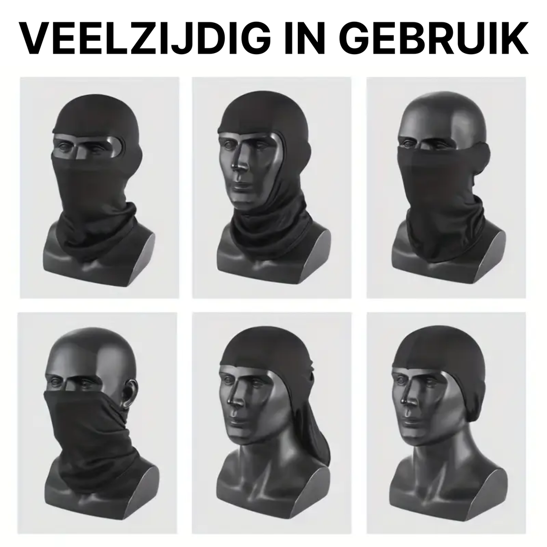 Black ThermoShield™ balaclava shown in six wearing styles on mannequins, from full mask to neck warmer.