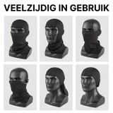 Black ThermoShield™ balaclava shown in six wearing styles on mannequins, from full mask to neck warmer.