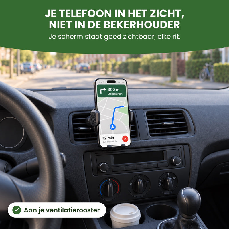 Topk phone holder on the vent next to the steering wheel, navigation on the phone: your phone in view, not in the cup holder