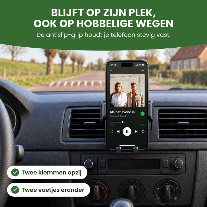 Phone playing music in the Topk holder on a road with a speed hump: stays put, even on bumpy roads