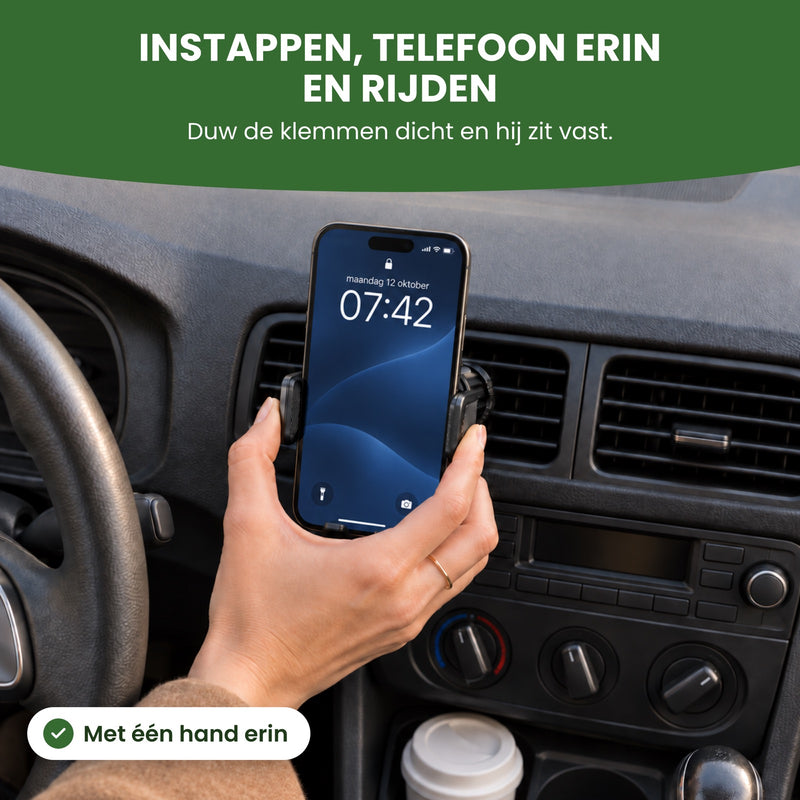 A hand pushes the clamps of the Topk holder shut around a phone on the air vent: mount your phone with one hand and go