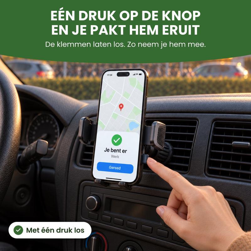 A finger presses the button on the Topk holder in a parked car, clamps open: one press of the button and you lift your phone out