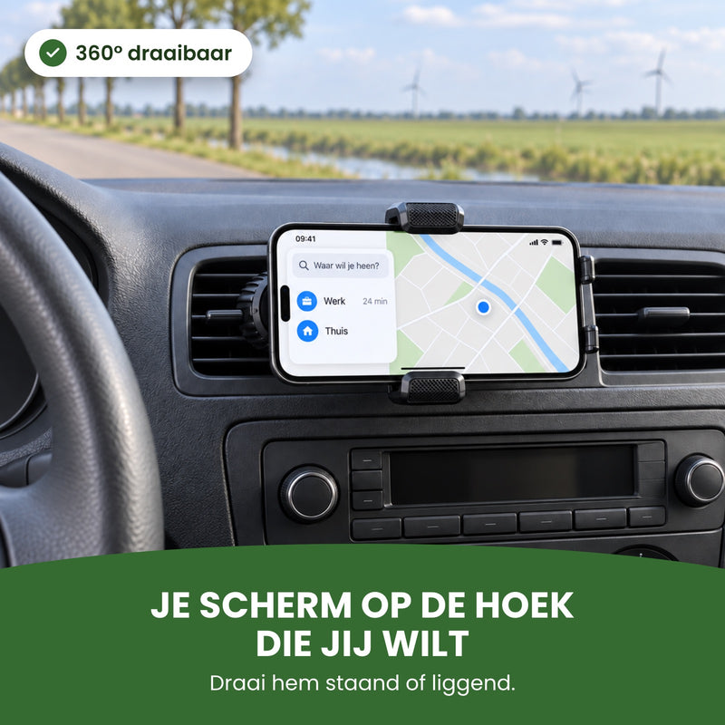 Phone held horizontally in the Topk holder, a country road through the windshield: your screen at the angle you want