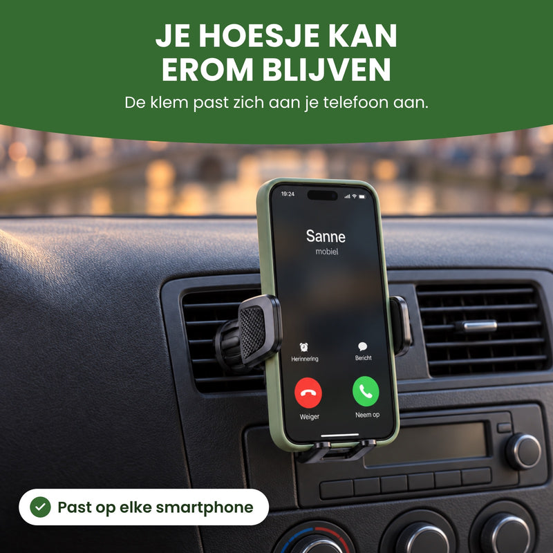 Phone in a green case with an incoming call in the Topk holder: keep your case on