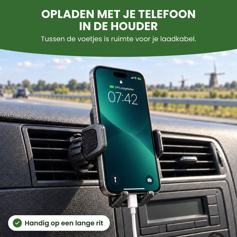A charging cable runs between the two feet of the Topk holder to the phone: charge your phone right in the holder