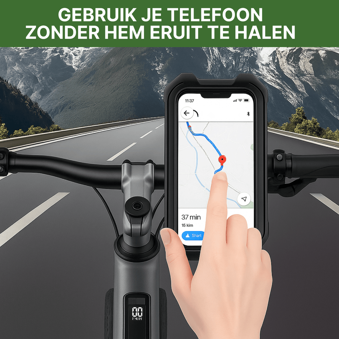 Phone holder with touchscreen on bike, hand operates navigation app during ride through mountainous area.