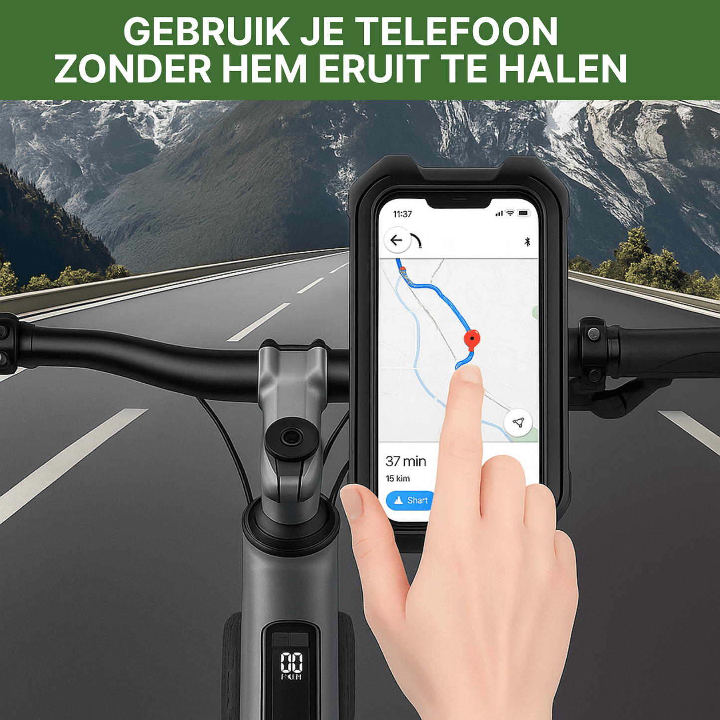 Telefoonhouder met touchscreen op fiets, hand bedient navigatie-app tijdens rit door bergachtig gebied.