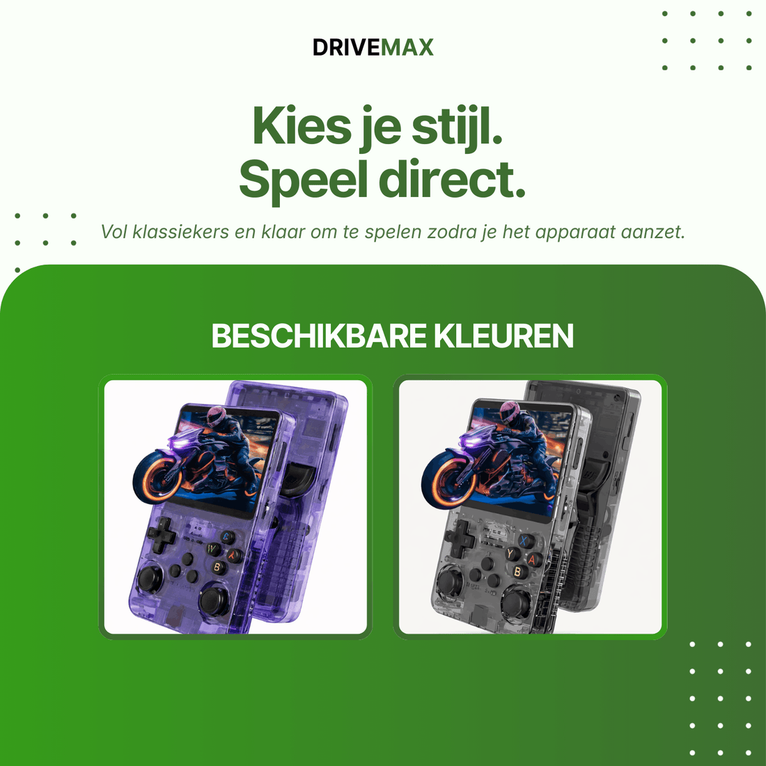 Portable retro gaming console available in purple and transparent black versions, featuring classic controls and a built-in screen for instant gaming.