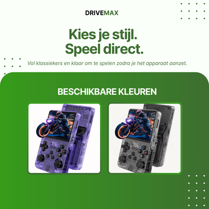 Portable retro gaming console available in purple and transparent black versions, featuring classic controls and a built-in screen for instant gaming.
