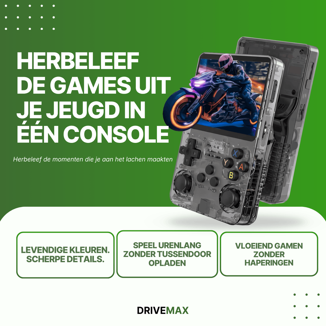 Retro handheld gaming console with transparent design displaying a motorcycle racing game, promoting classic games with vibrant colors and smooth gameplay.