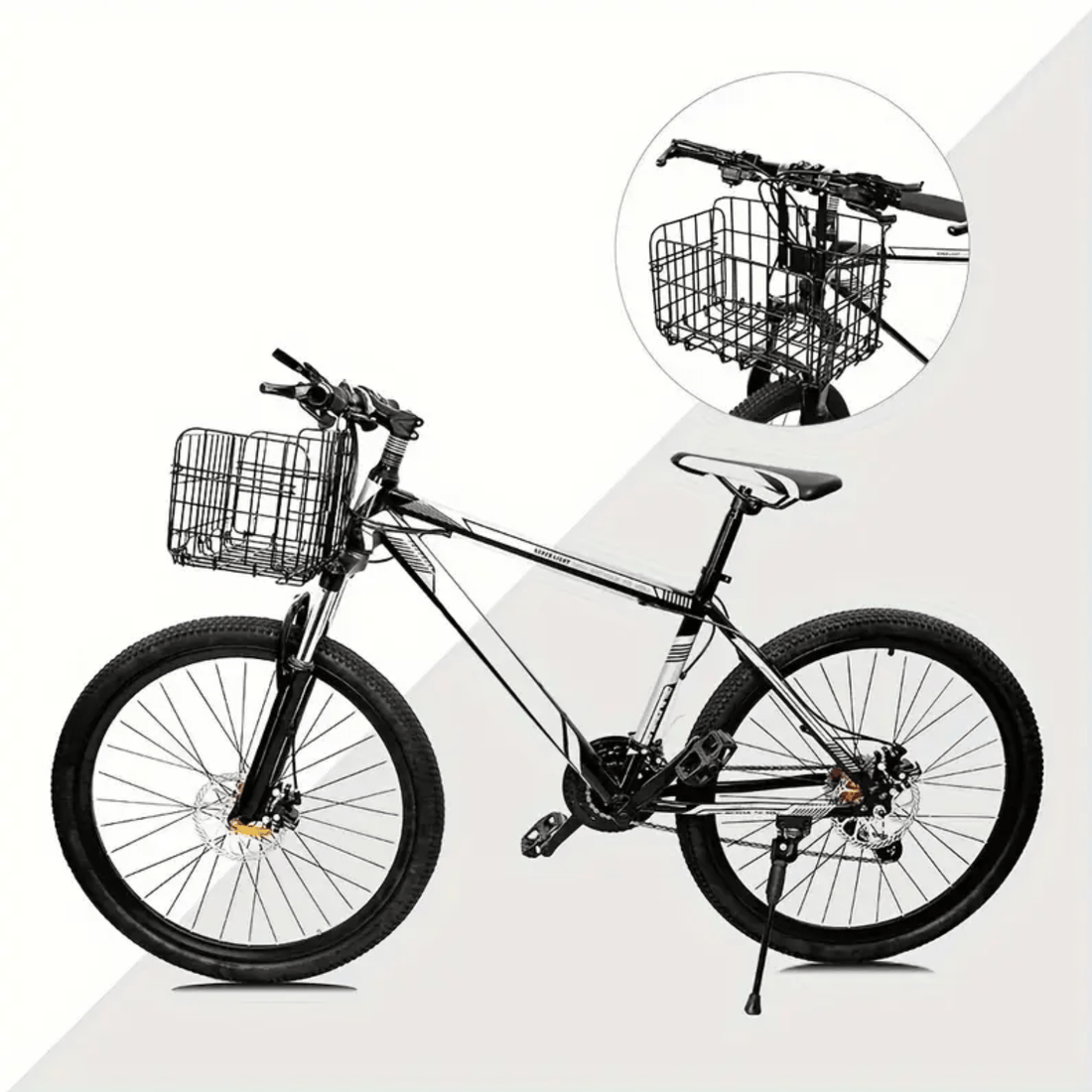 Black foldable Trego bike basket mounted on the handlebar of a mountain bike, side view.