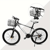 Black foldable Trego bike basket mounted on the handlebar of a mountain bike, side view.