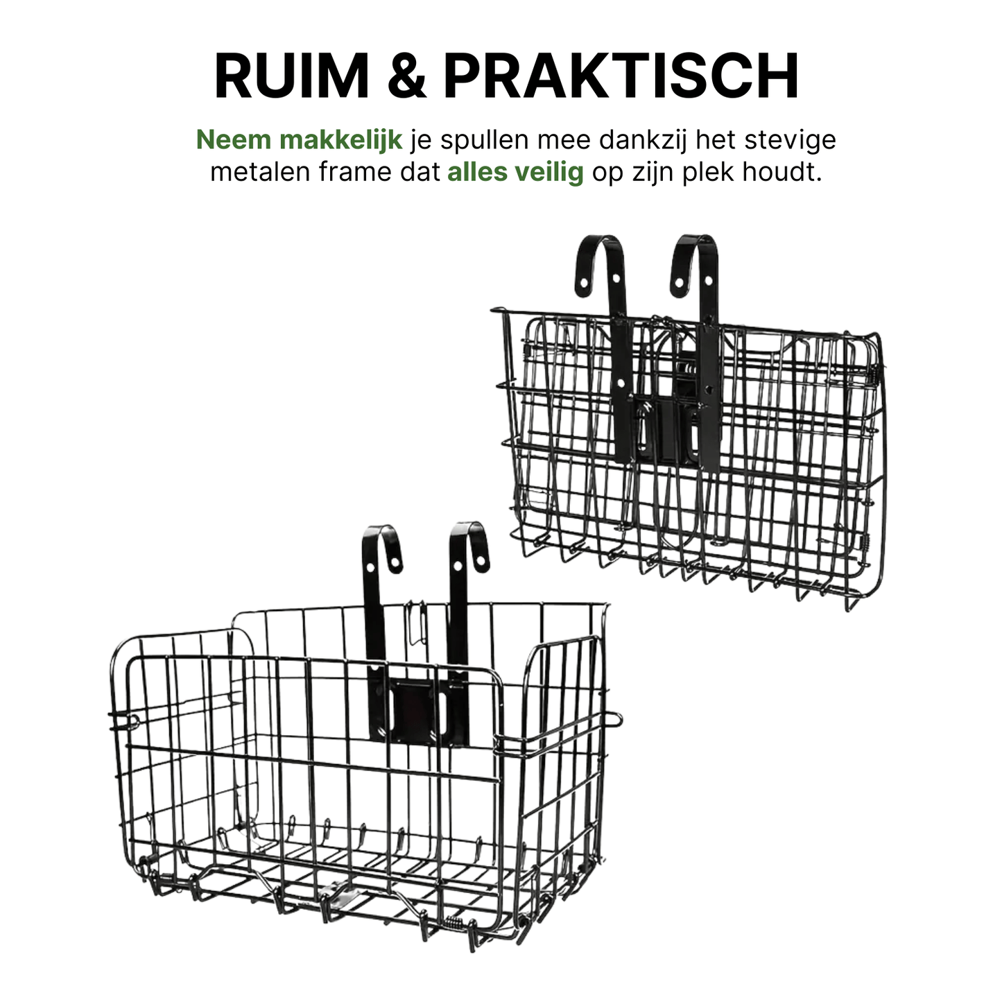 Trego opvouwbare metalen fietsmand in ingeklapte en uitgeklapte toestand met bevestigingshaken.